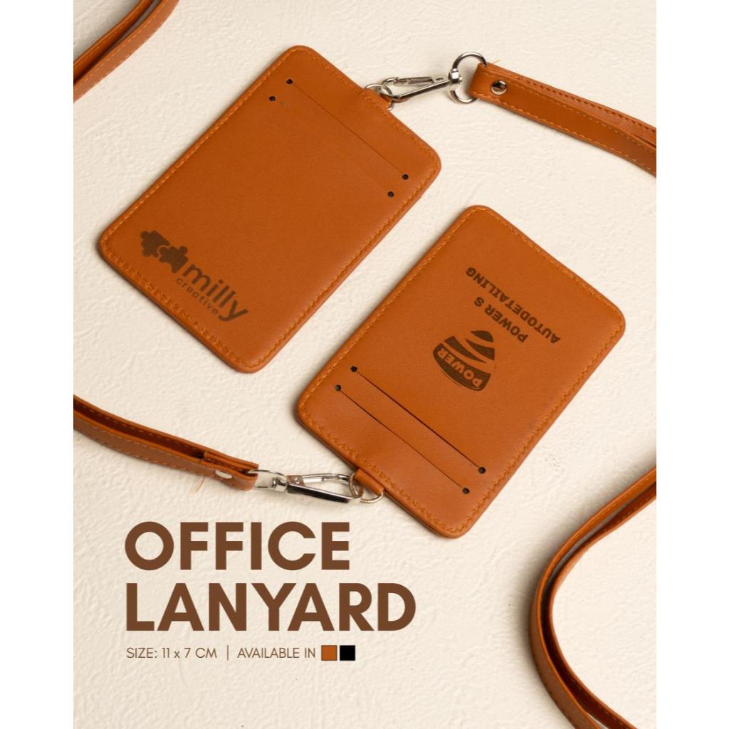 

(1 Hari Jadi) Custom Engrave Nama/Logo/Tulisan Name Tag Id Card Holder & Lanyard Kulit Set 3 Slot Kartu Belakang 1 Slot Kartu Depan - Personalized Lanyard up to 10 Alphabet or Logo