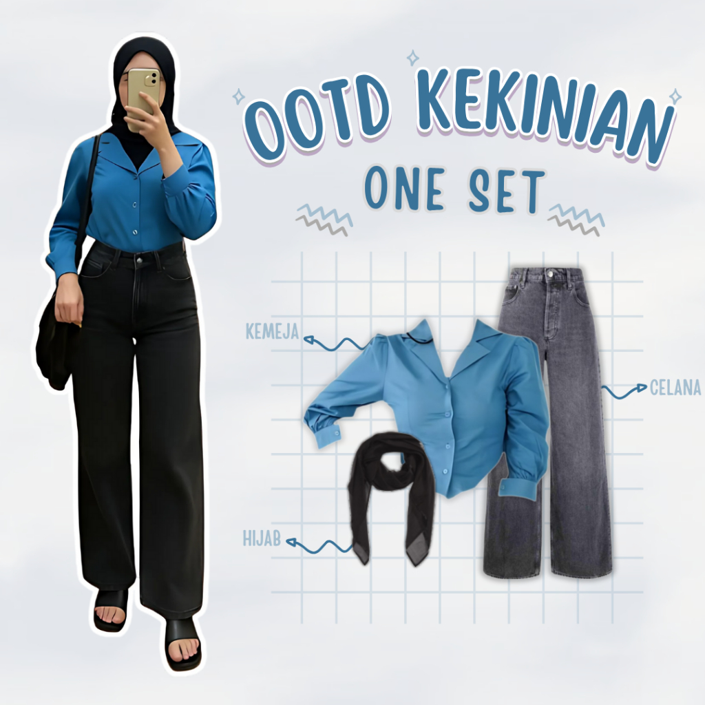Outfit OOTD Kekinian{Kemeja Puff - Celana Kulot Jeans - Hijab Bella Square }Oneset Kuliah Kerja KJ63