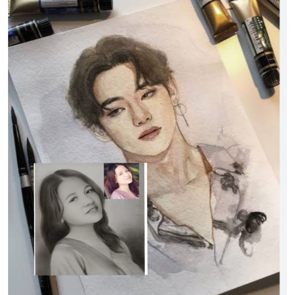 

HANDMADE Jasa lukis sketsa wajah hitam putih dan warna dgn pensl warna dan kertas ukuran 21×30