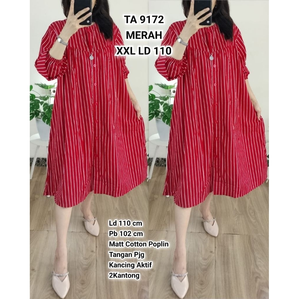 TA 9172# Tunik XXL Cotton Poplin Salur Kecil Merah Putih Babydoll ....