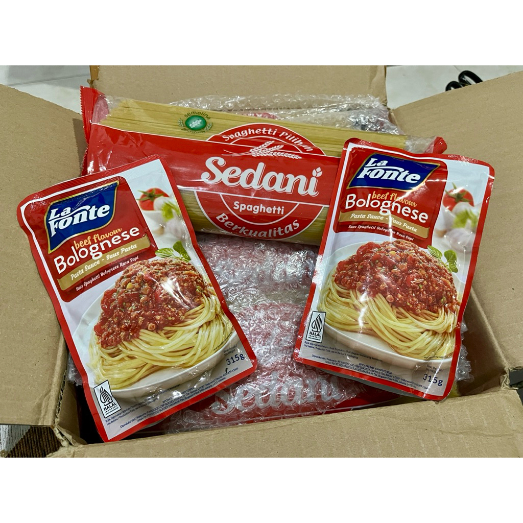 

Paket Hemat Spagetti 1 Kg + 2 PCS Saus La Fonte Bolognese | Paket bundling Spagetti | Paket hemat spageti 1Kg + saus lafonte 315gr | Tebus Murah spageti + saus | Pasta