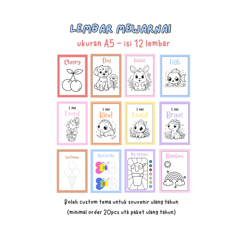 

kertas mewarnai anak isi 12 lembar random / worksheet bergambar / souvenir ulang tahun anak / goodie bag unik