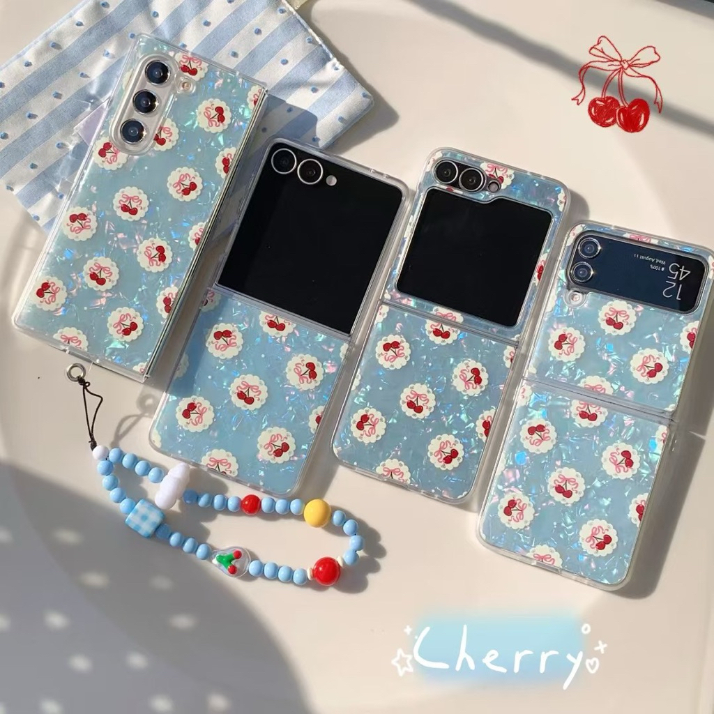 New Case Samsung Zflip7 Zfold7 Blue Marble Cherry Cute With Chain Charm Tali Bling Blink Imut Casing