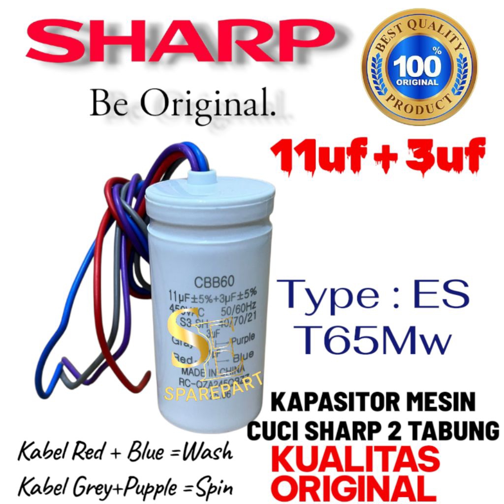 ES-T65M KAPASITOR 11UF+3UF MESIN CUCI SHARP 2 TABUNG ES T 65M BERKWALITAS ORIGINAL SHARP