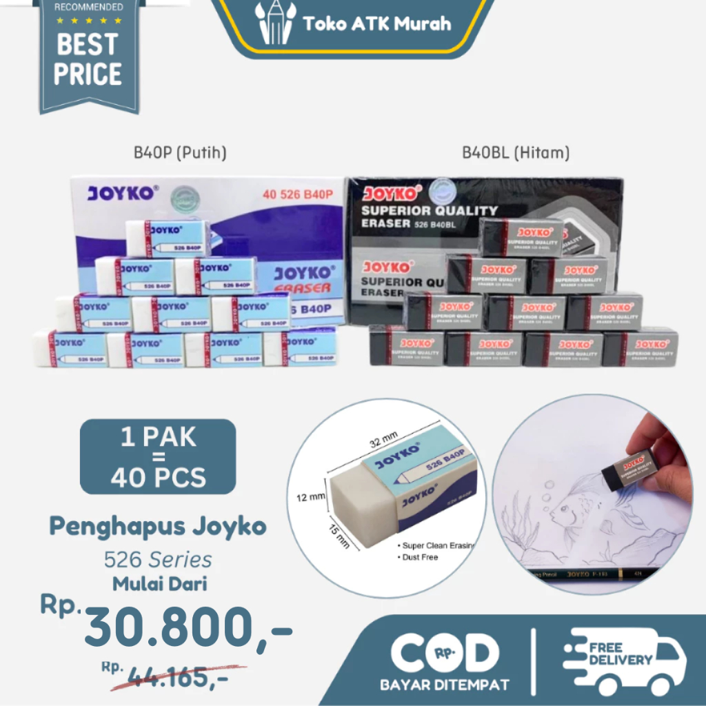 

Penghapus Joyko 526 B40BL Hitam / 526 B40P Putih 1 Pak 40 pcs Penghapus Karet