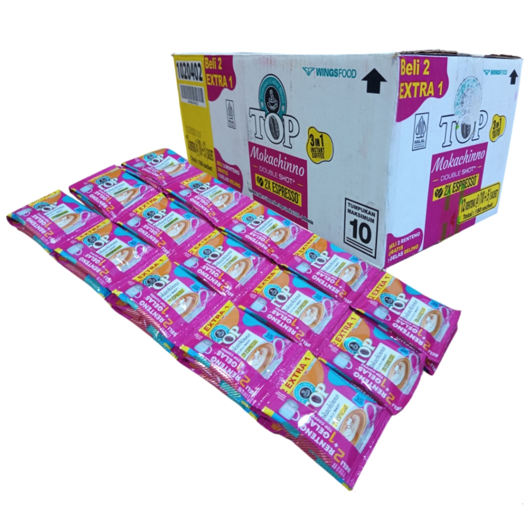

TOP Kopi Mocachinno Double Shot 2x Espresso 22g 10+5 sachet Coffee Paket 10 Rtg 150 Sachet