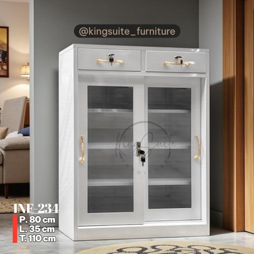 KSF AJE | Lemari Sepatu Minimalis 2 Pintu Kaca 2 Laci | Rak Sepatu Kaca Putih 3 Tingkat Minimalis