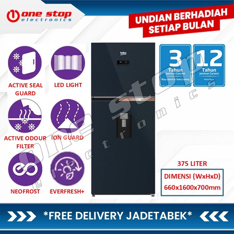 BEKO RDNT376E50VDUGBL Kulkas 2 Pintu ProSmart Inverter 375L | Dual Cooling - Water Dispenser