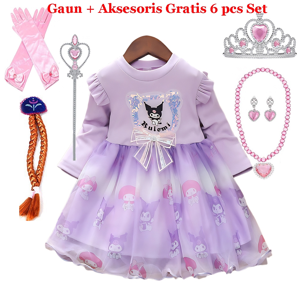 Anak Perempuan Kuromi Putri Gaun + Set Aksesori 6 Buah (Hadiah Gratis) Kostum Pesta Ulang Tahun Anak