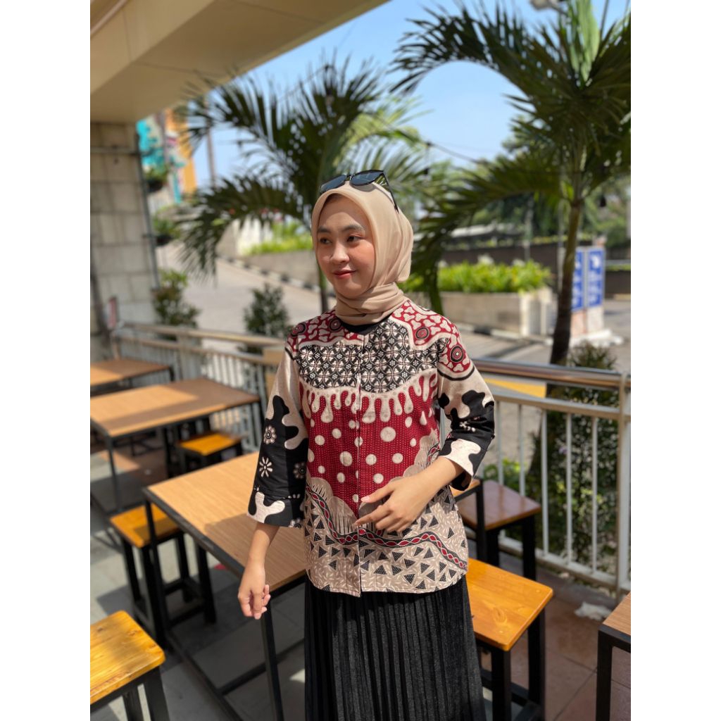 Blouse Batik Atasan Wanita Kerja Qistina batik bahan katun model kancing motif SELENDANG PUTRI sudah