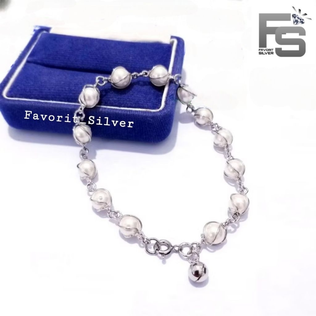 Gelang Perak Asli Wanita Silver 925 Lapis Emas Putih Asli Gelang Mutiara Asli - Gelang Anti Karat - 