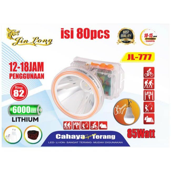 Senter Kepala Cus 85W + Lampu JL 777 JINLONG Cahaya Putih/Senter Kepala BONUS LAMPU Waterproof Tahan