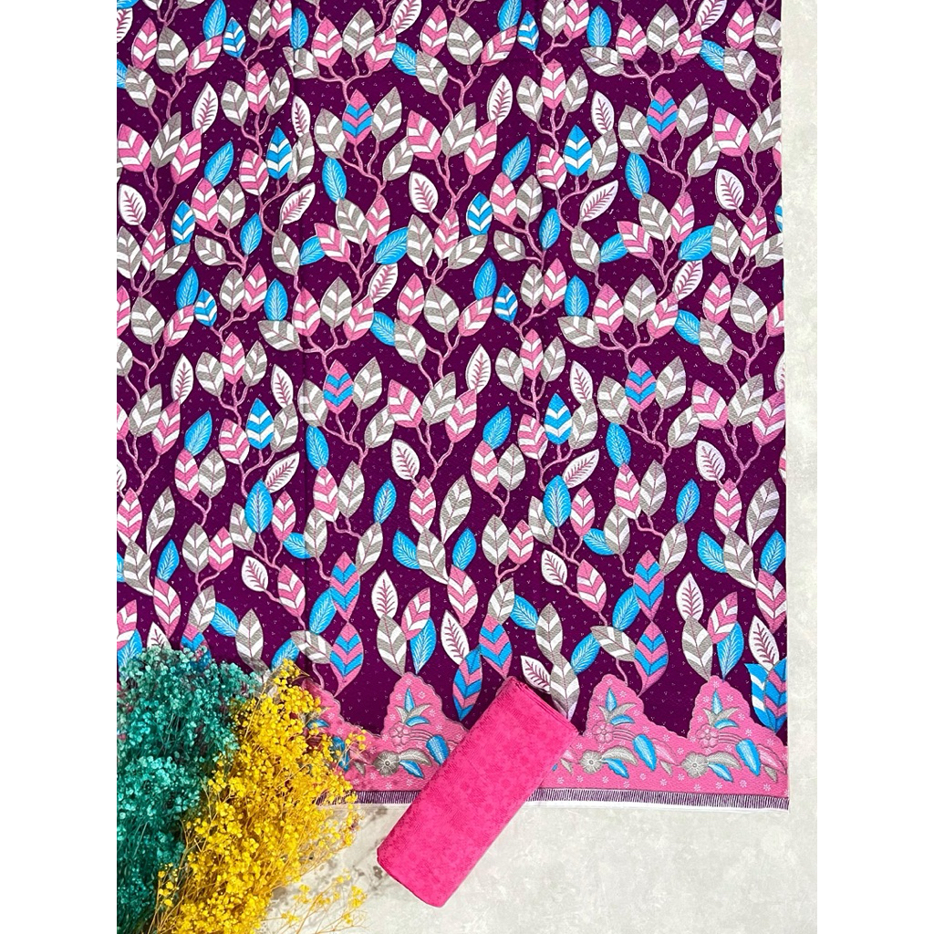 kain batik handprint doby motif pastel motif daun set doby polos
