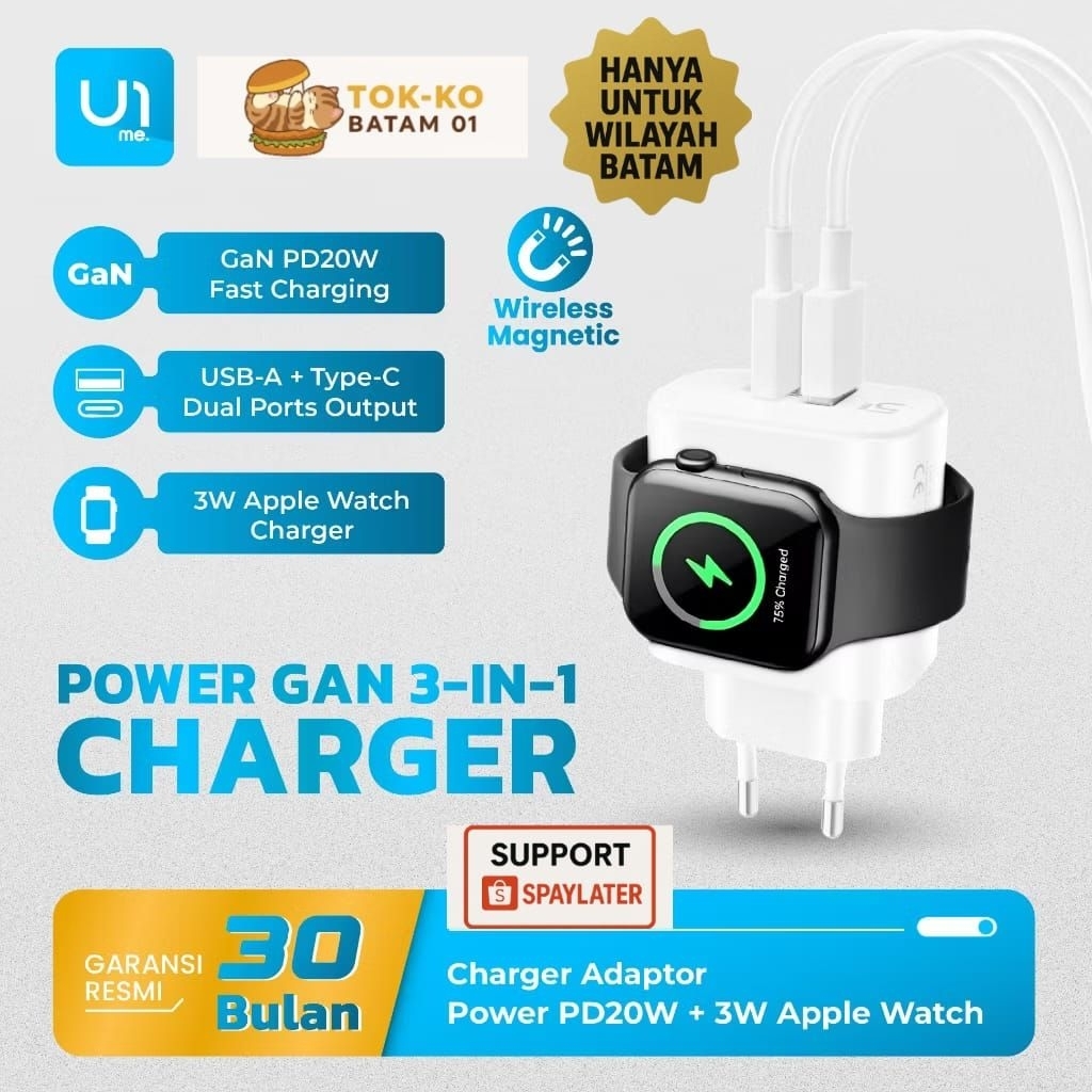 POWER GAN 3 IN 1 USB A + Type C + 3W APPLE WATCH WIRELESS MAGNETIC CHARGER GARANSI 30 BULAN - BATAM