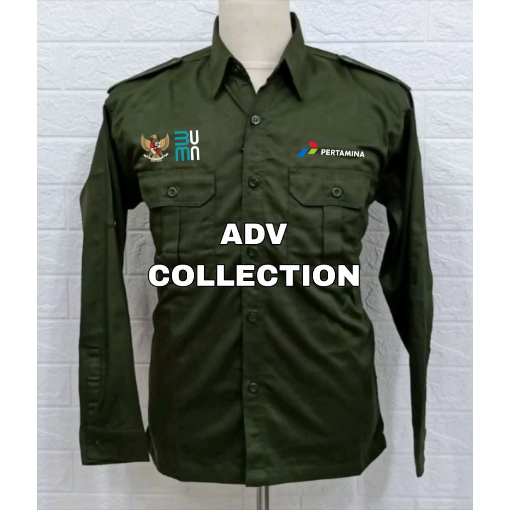 Kemeja Pertamina BUMN Hijau Army PDH Lengan Panjang Pria Bordir