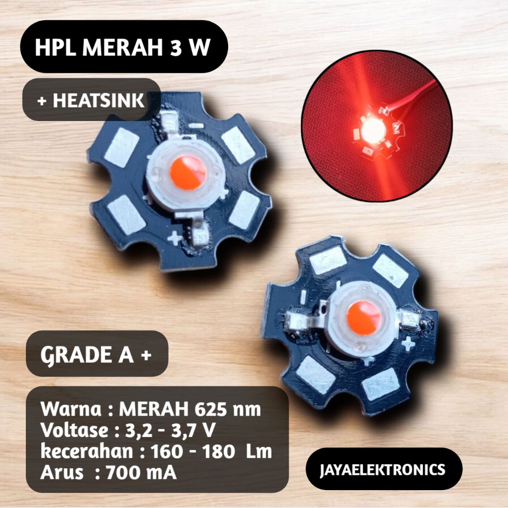 LED HPL 3 W + HEATSINK warna MERAH per 1 Pcs - Lampu senter HPL 3 watt, lampu aquarium, senter, hias