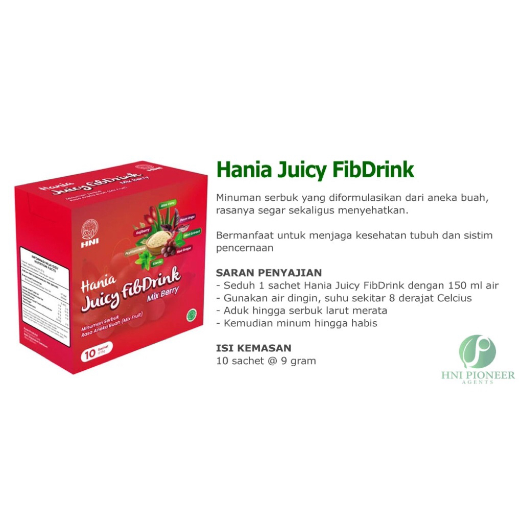 

Hania Juicy FibDrink adalah minuman kesehatan fiber dari ekstrak buah-buahan yang bermanfaat untuk menjaga kesehatan tubuh
