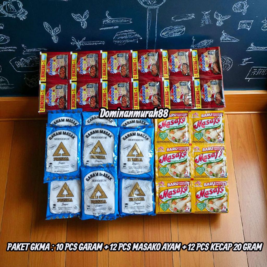 

PAKET HEMAT 19 RIBUAN 10 PCS GARAM 100 GRAM + 12 PCS ROYCO / MASAKO + 12 PCS KECAP SEDAAP 20 GRAM / GAREM / GARAM