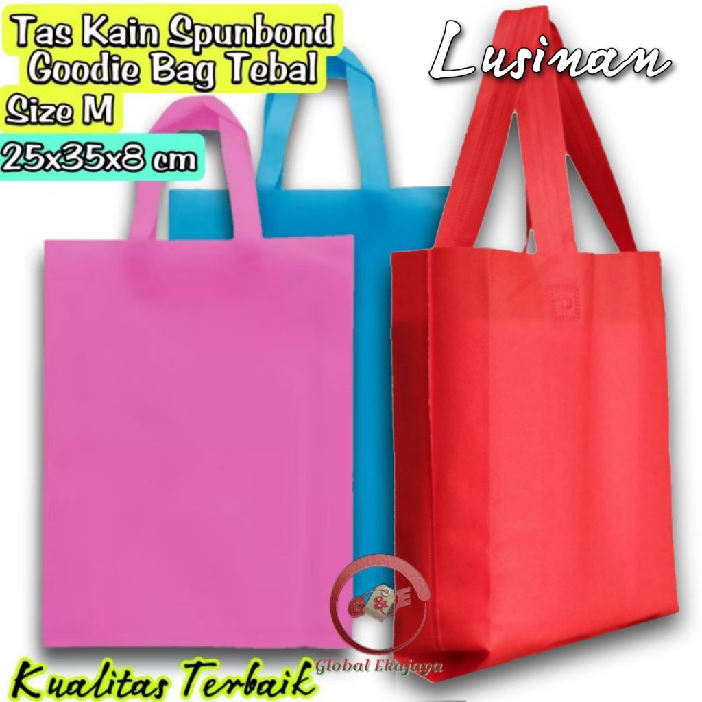 

Lusinan isi 12 Tas Kain Spunbond Goodie Bag Tali Uk Sedang 25x35x10 cm Untuk Kantong belanja totebag