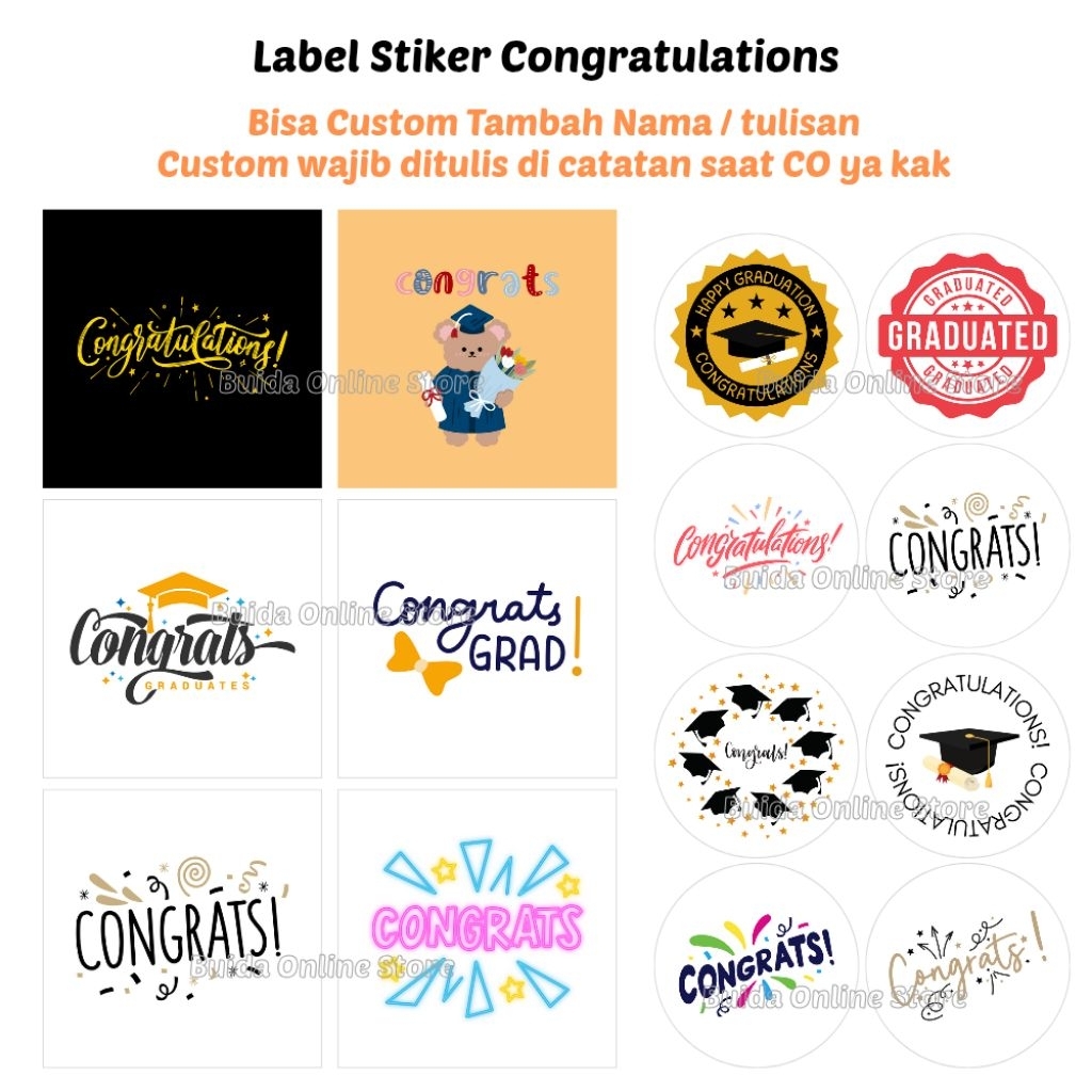 

Stiker Sticker Label Congratulations Kemasan Packaging sealer dekorasi hampers souvenir hadiah kado buket bunga snack wisuda happy graduation kelulusan sekolah custom nama