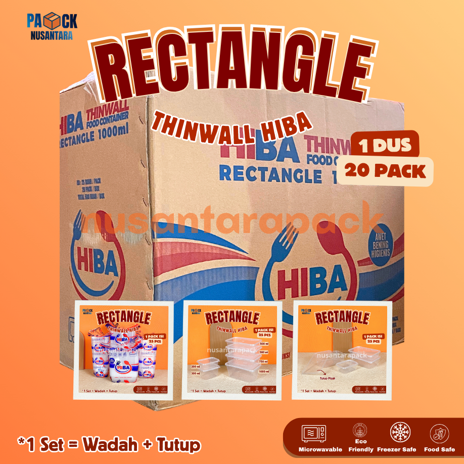 [DUS] Thinwall Rectangle HIBA 200 300 500 650 750 1000 ml Tempat Makan Plastik Persegi Panjang