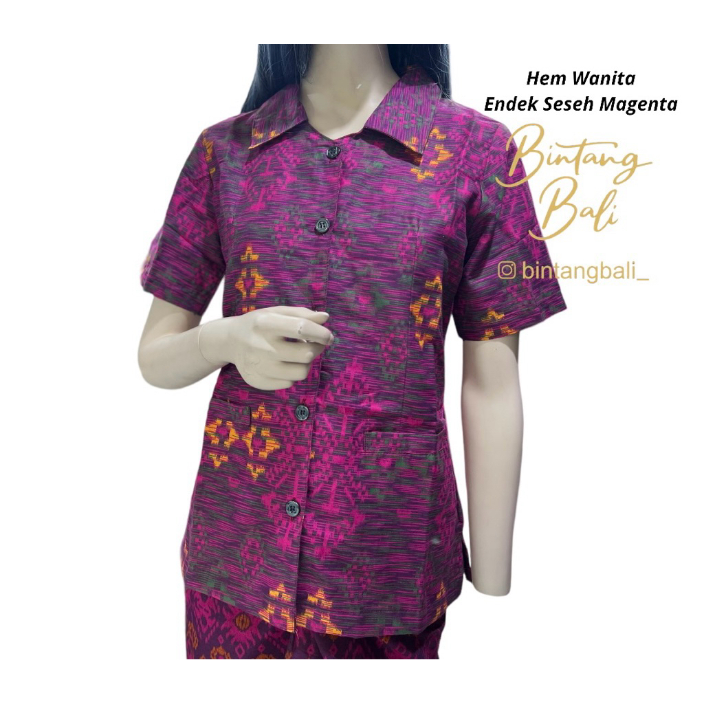 Kemeja Endek Bali Katun Wanita Lengan Pendek motif Seseh warna Magenta Pink Ungu