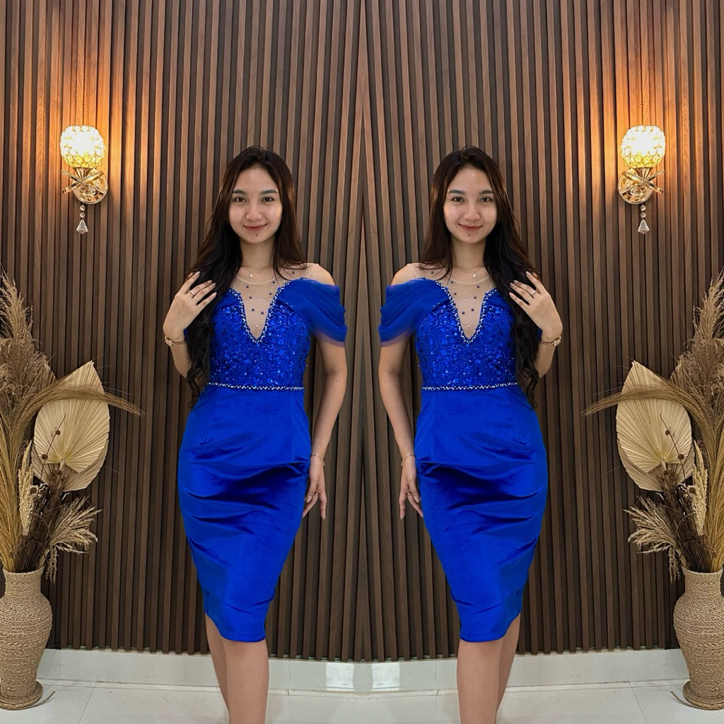 REVALINA-0016 || (All Varian Warna) Dress bludru velvet squin draperi // dress wanita cantik anggun 