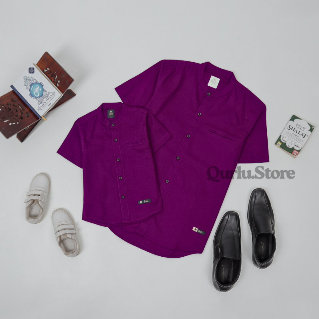 Qurlu - Kemeja Koko Dewasa / Anak warna UNGU TUA ( baju couple ayah dan anak laki laki ) baju koko p