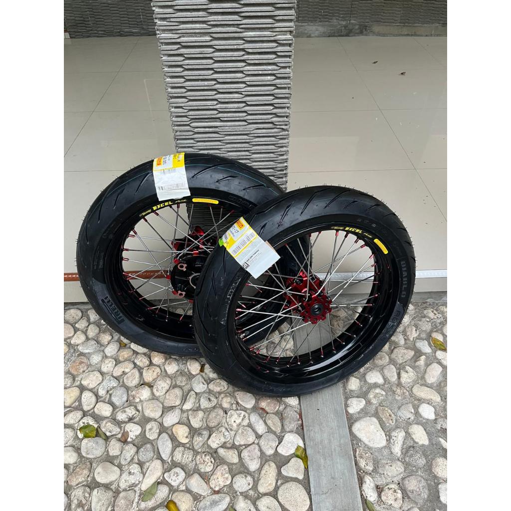 Wheelset Supermoto CRF 300/350 Ban Pirelli Jumbo Ukur 120+150 Velg Custome Takasago Excel Asia