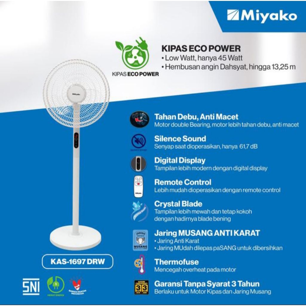 Kipas angin berdiri remote Miyako KAS-1697 DRW/Stand fan Miyako Remote KAS-1697 DRW
