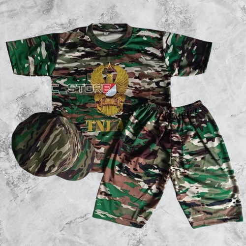 Setelan Kaos Anak Loreng Kasad Tni Ad Plus Topi Pet Commando Lengan Pendek Jersey Dryfit Satu Set / 