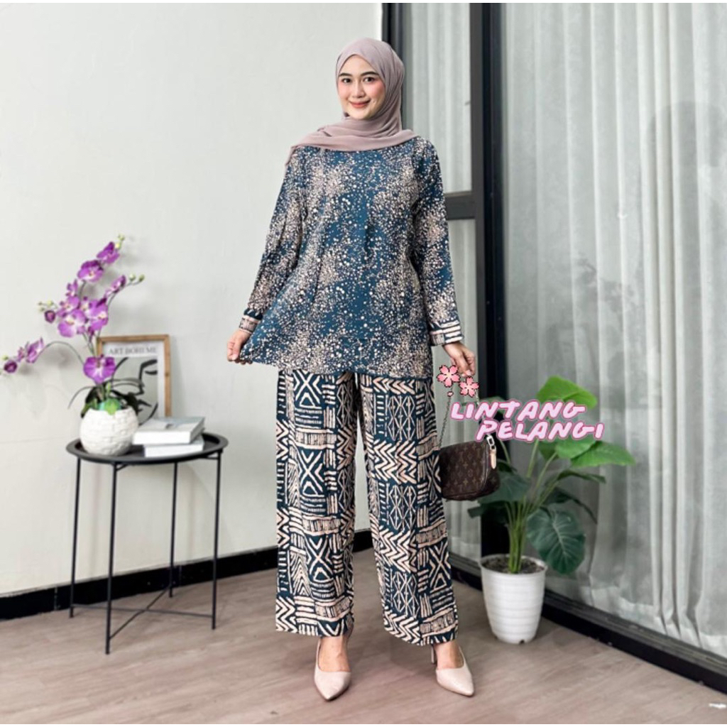 One Set Hawai Jumbo Bahan Rayon Premium Busui Atasan Celana Nyaman Santai