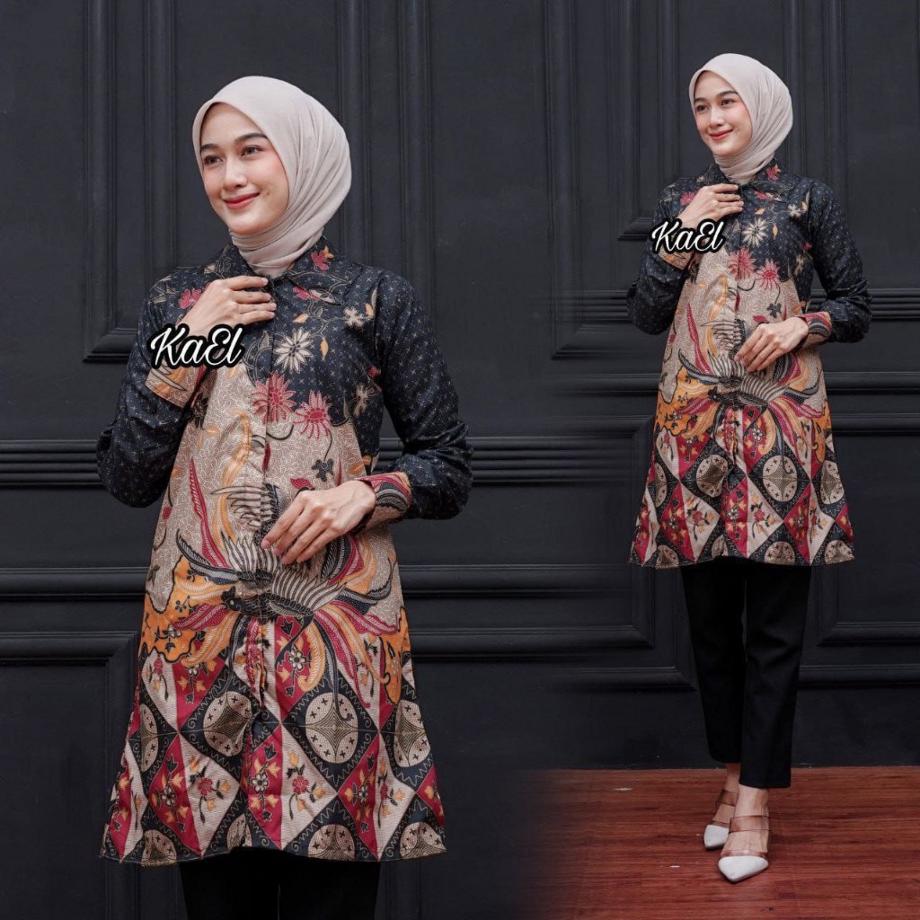 Atasan Batik Muslimah Tunik Batik Wanita Lengan Panjang Syari Modern Kerja Kantor Terbaru B6