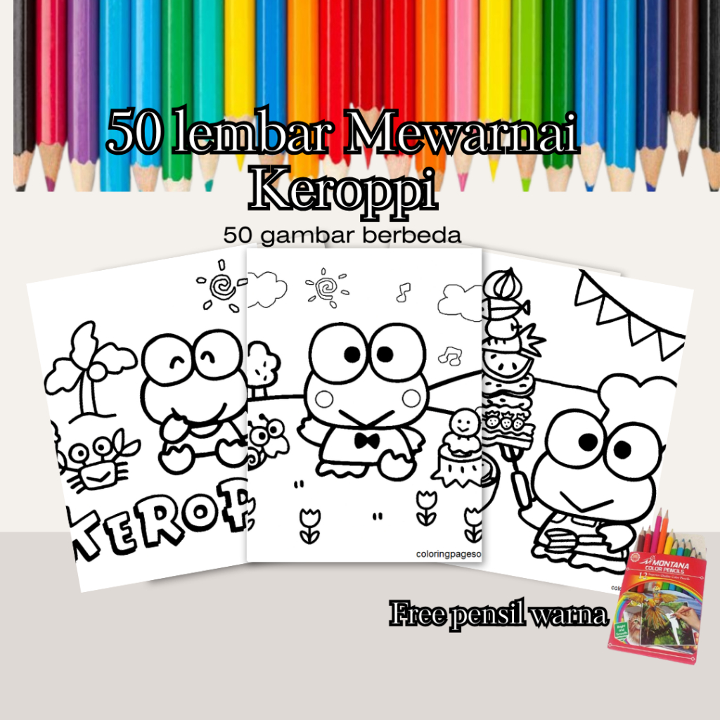 

50 Lembar Kertas Mewarnai Keroppi A5 Gratis Pensil Warna