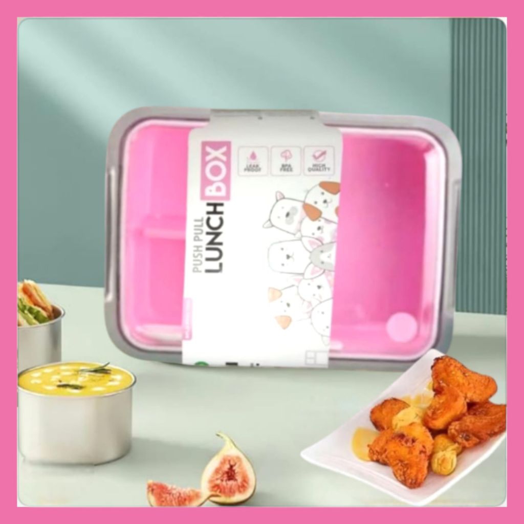 Lunch Box CaTalina Kotak Makan Anti Bocor 1500ml Push Pull Kotak Bekal Anak Pink Color