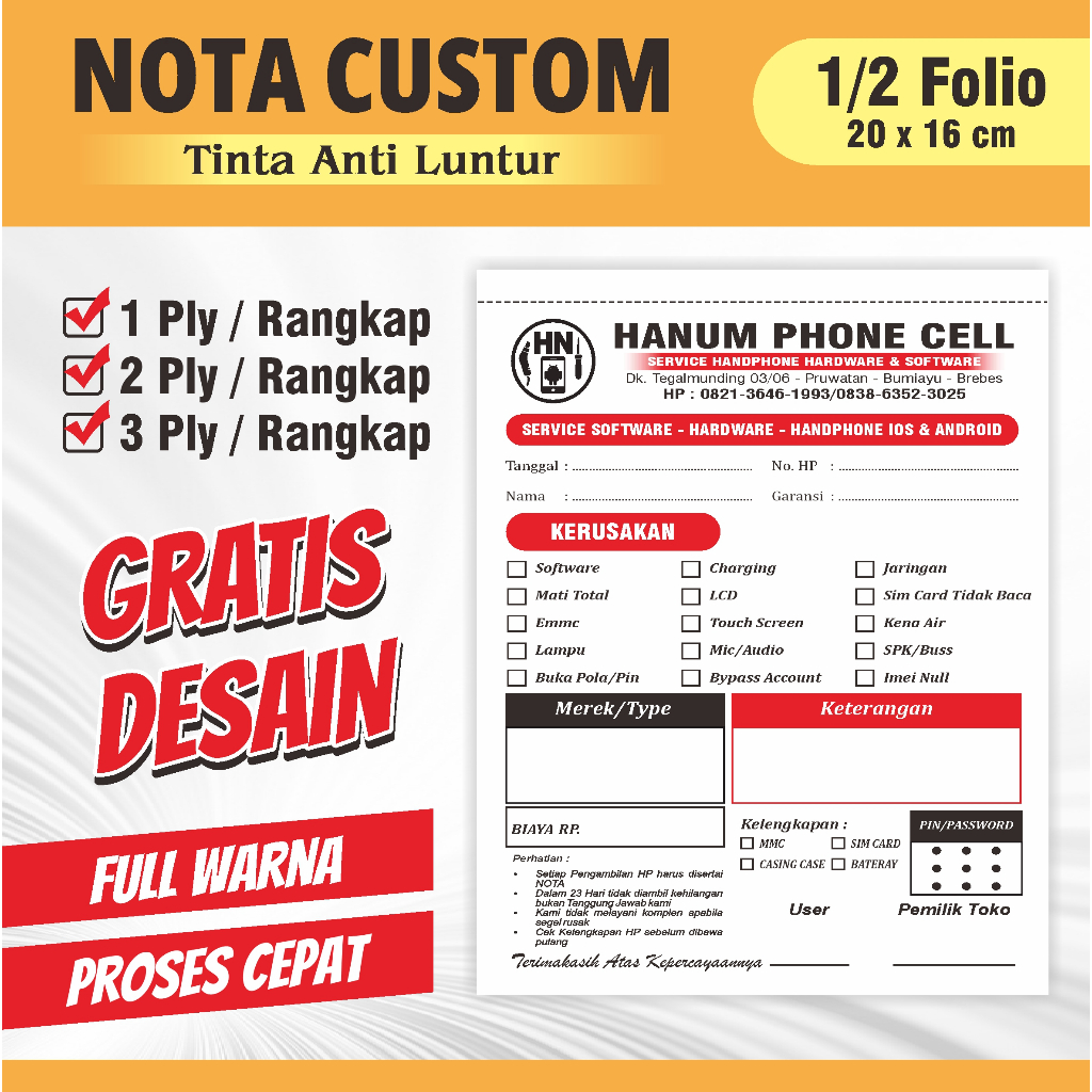 

CETAK NOTA 1/2 FOLIO / Custom / Toko / Laundry / Olshop / Konter / Bengkel / Warung Makan