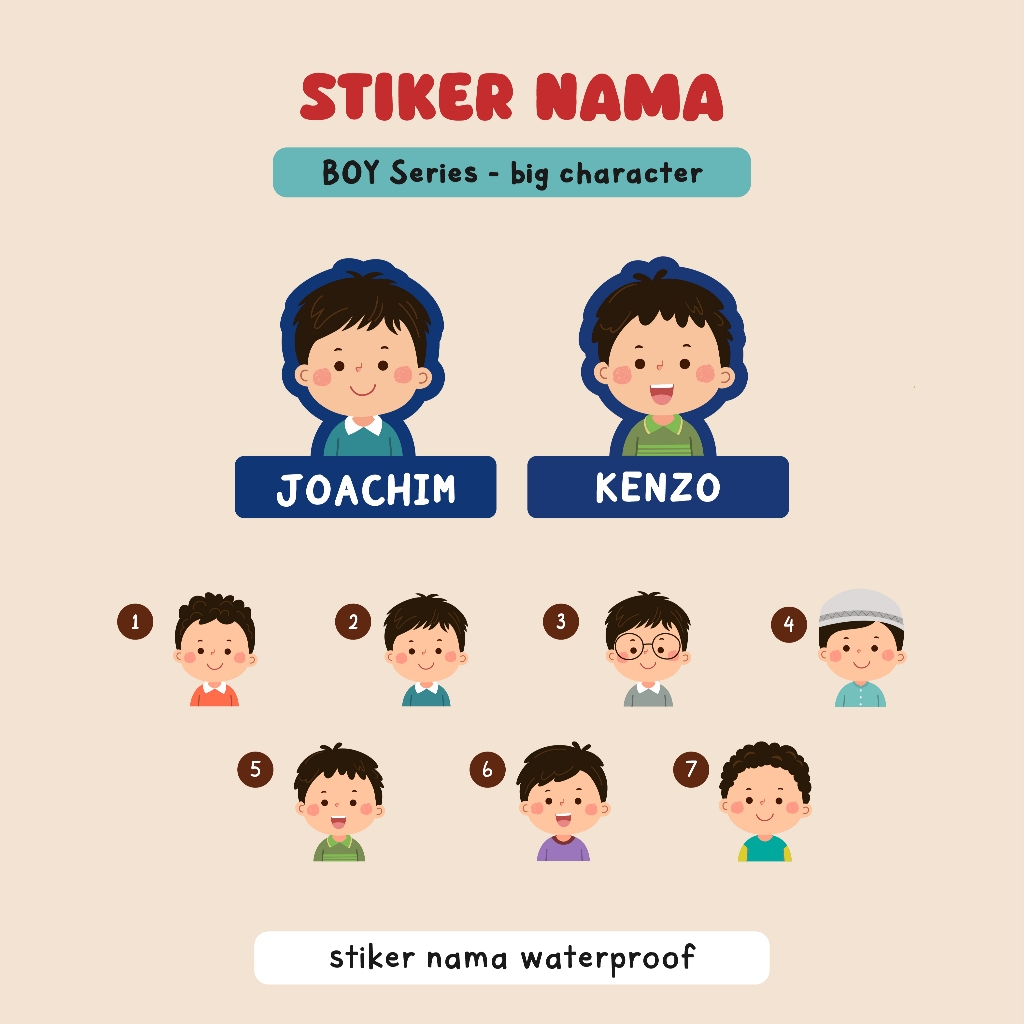 

stiker nama waterproof / label nama anak custom edisi boy big character series