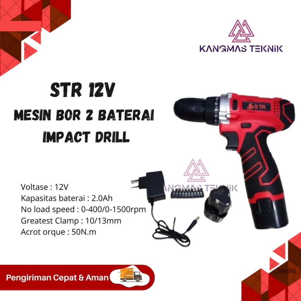 STR 12V Mesin bor 2 baterai bor listrik - Cordless Drill bor 12V Murah