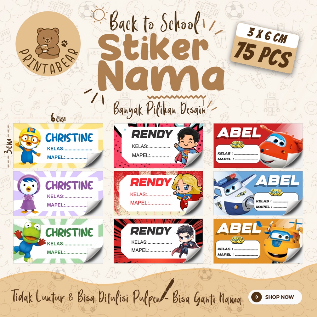 

[75 PCS] 04C-STICKER NAMA BISA DITULISI PULPEN ukuran 3x6 cm / Stiker Buku Mata Pelajaran Sekolah