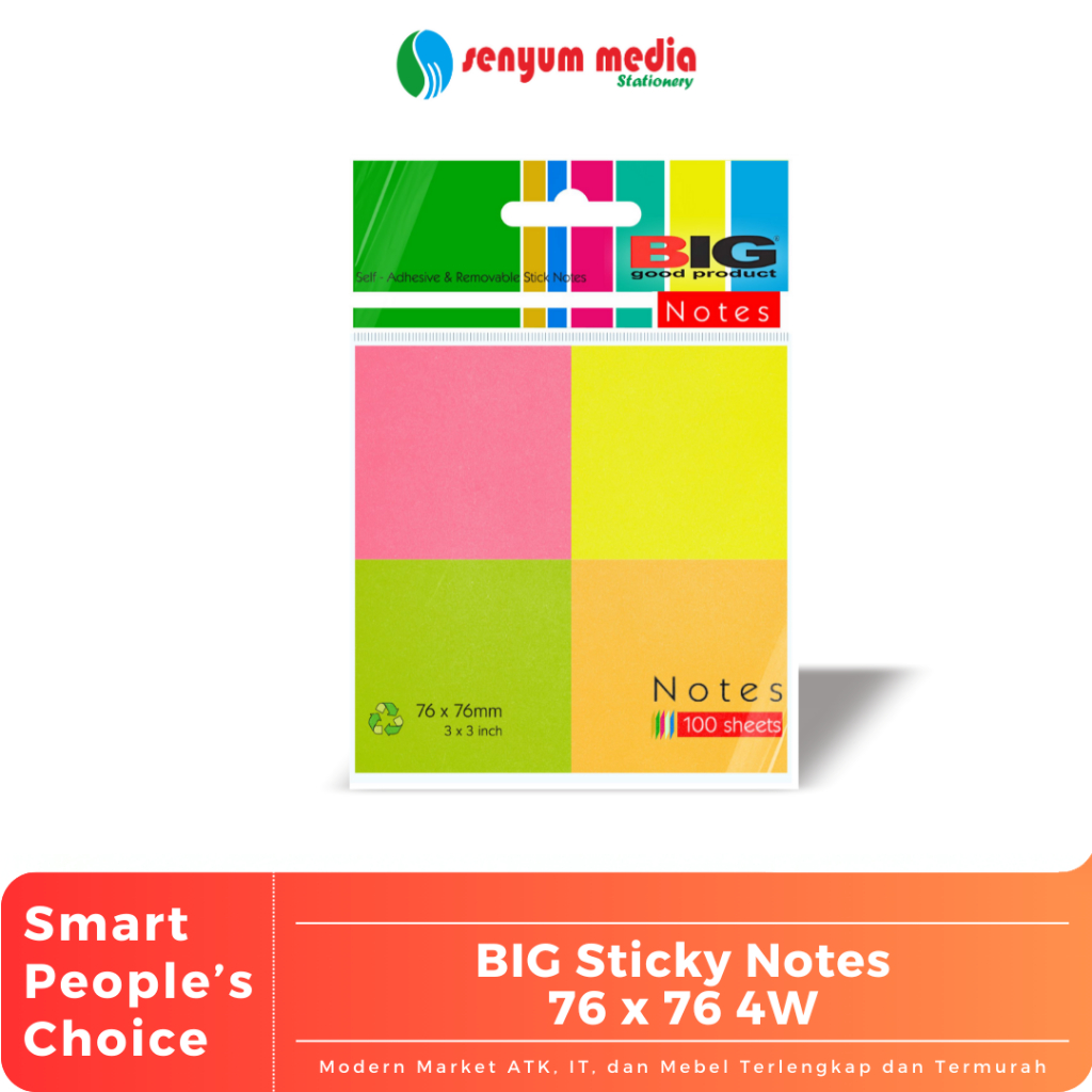 

BIG - Sticky Notes/Kertas Catatan 76 x 76 mm 4 Warna | Kertas Catatan Tempel ( 1 Pcs Isi 100 Lembar ) (S:PCS)
