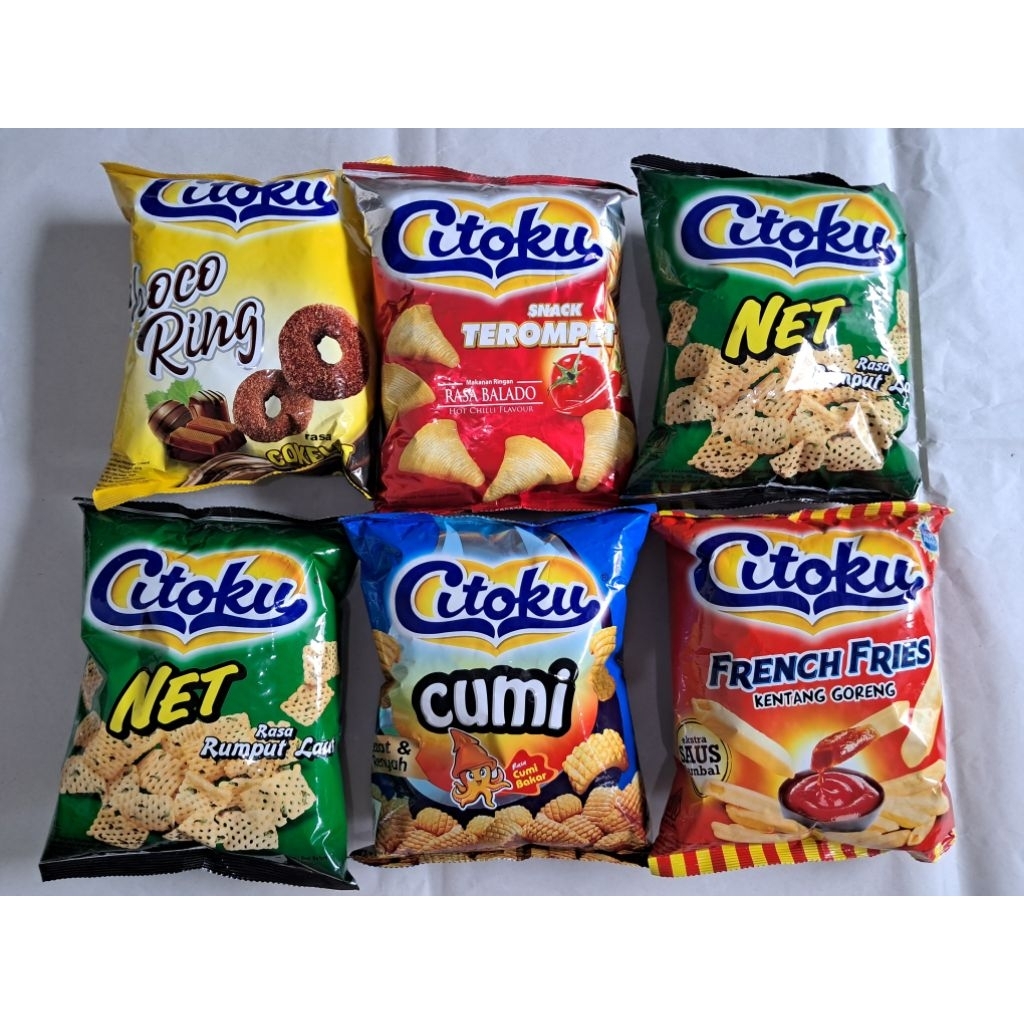 

citoku snack choco ring / cumi bakar / rumput laut / balado hot chili / french fries 60gr