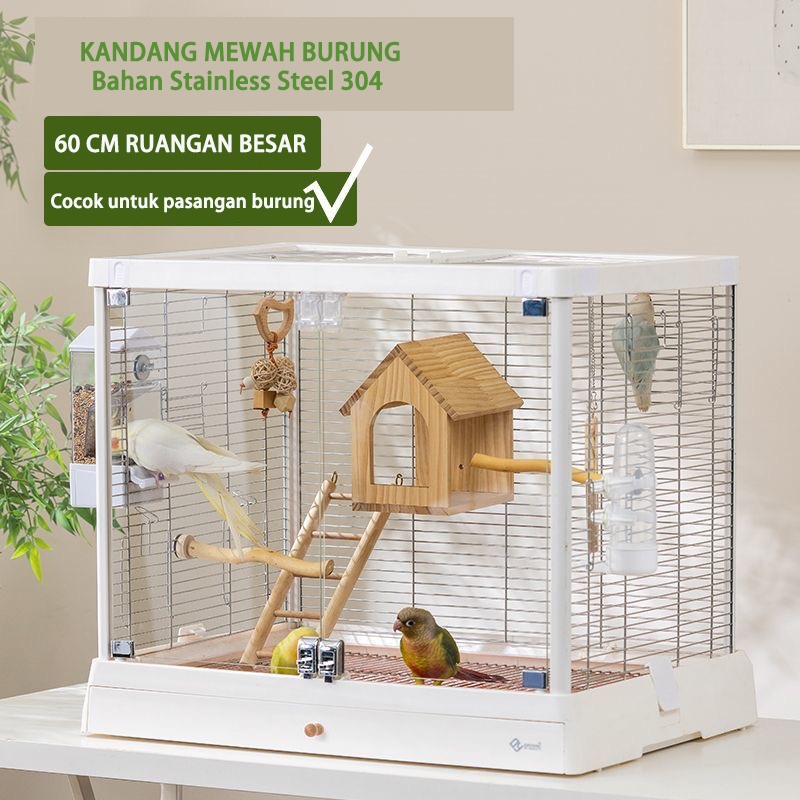 Kandang Burung Sangkar Burung Mewah Kawat Stainless Steel Pintu Kaca tempered