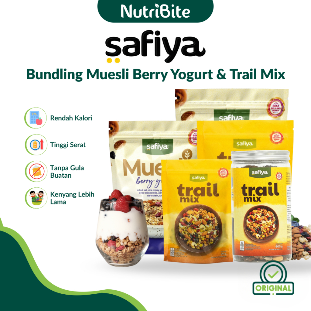 

Paket Bundling Cemilan Sehat Safiya Food Muesli Berry Yogurt Trail Mix Premium Original
