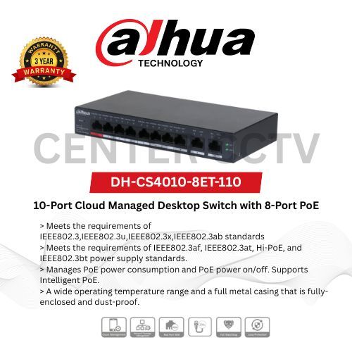 DH-CS4010-8ET-110 Dahua Switch Cloud Managed Switch Dahua Ethernet 8-Port POE 110 Watt