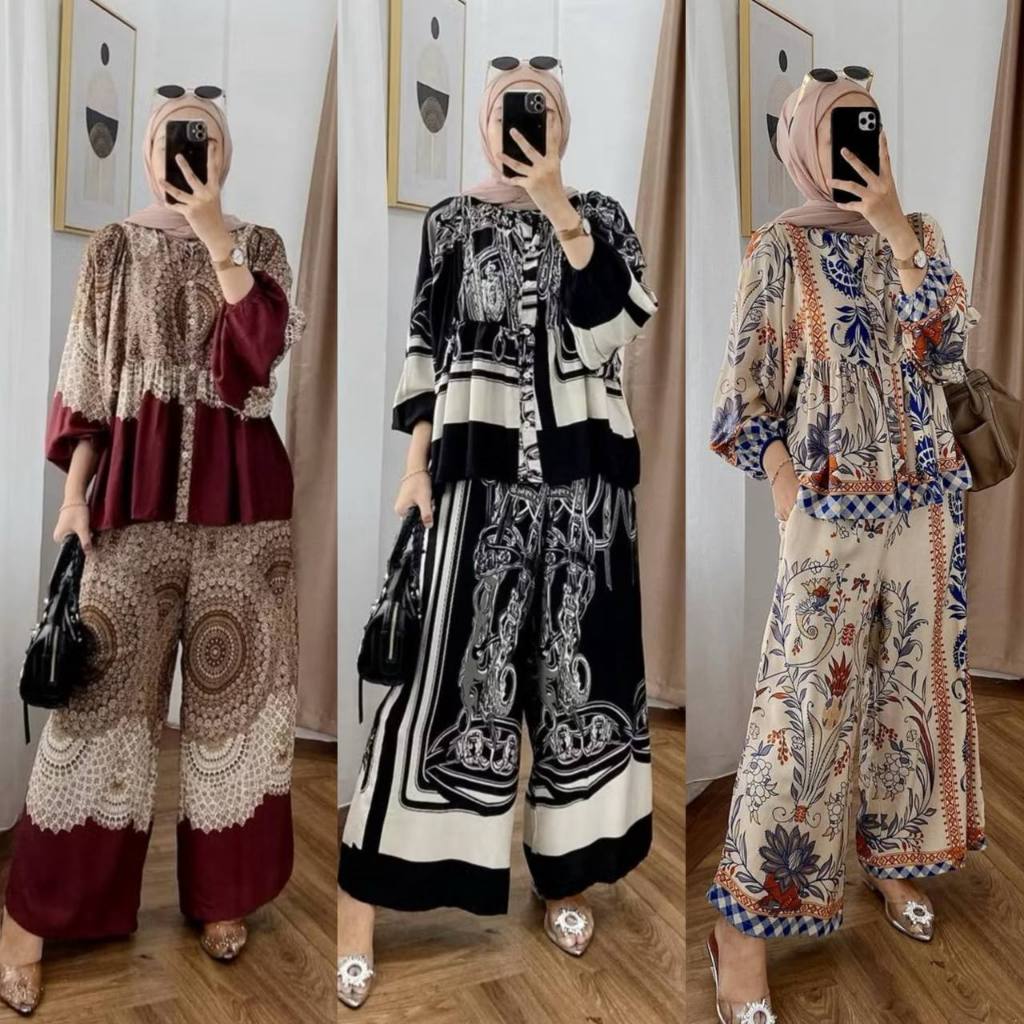 mekar_noto - one set wanita kekinian atasan rayon susun + celana kulot lengan 7/8 jumbo