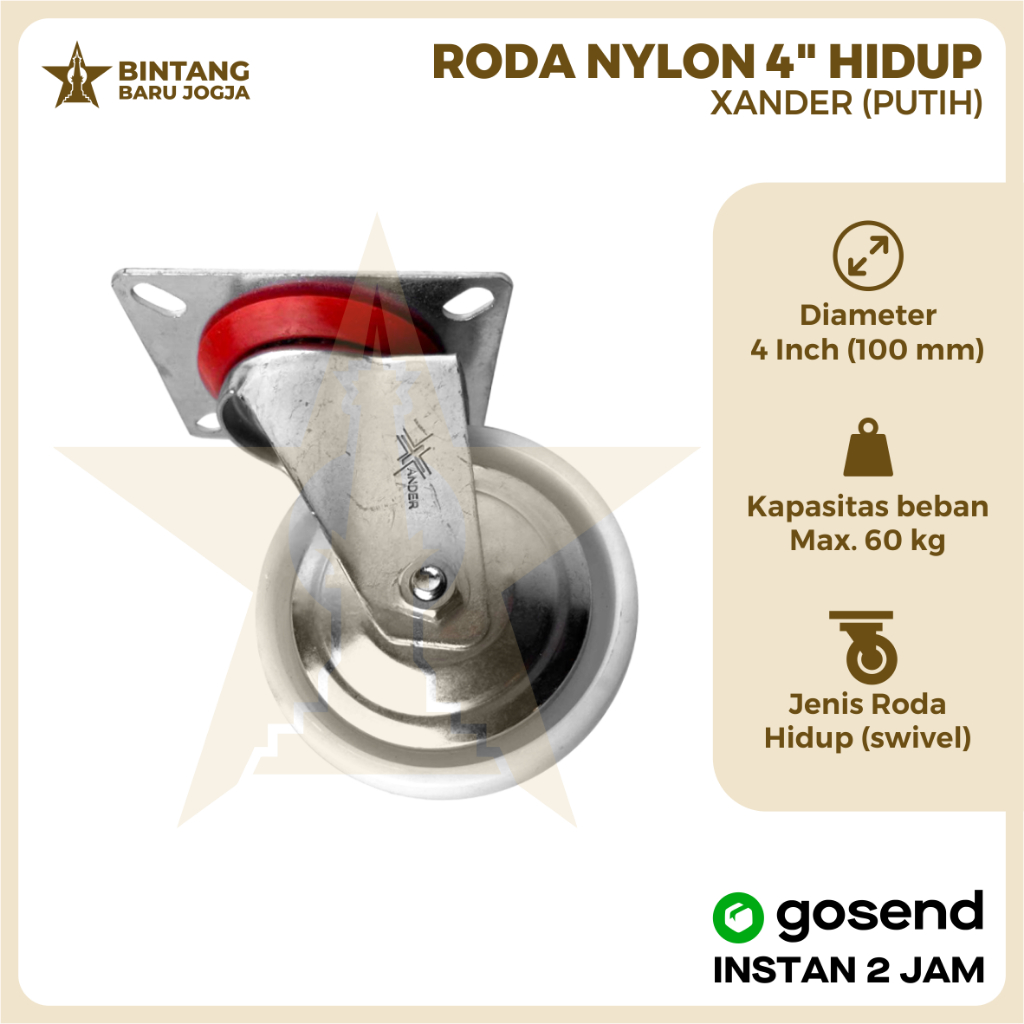 Roda Nylon Putih 4" - Hidup / Roda Nylon 4 Inch - Swivel