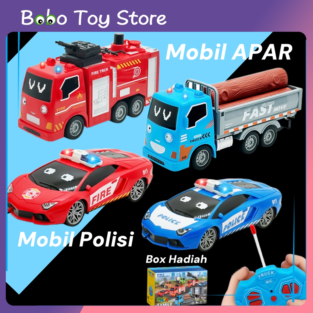 BOBO Store Mobil APAR Fire Truck Mobil Remote Kontrol Anak Truk Polisi Biru Bonus 10 Aksesoris Jalan