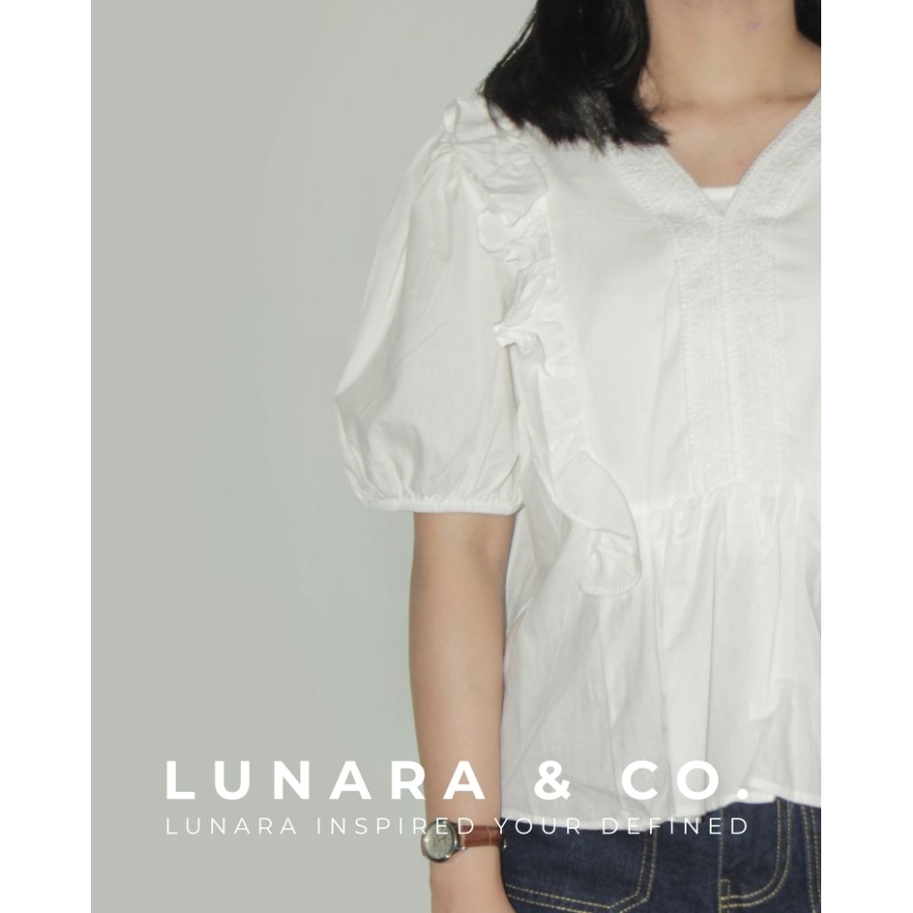 Lunara & Co. Lyra Blouse - Blouse Wanita Poplin Premium Lengan Balon Kekinian Warna Putih Pink Olive