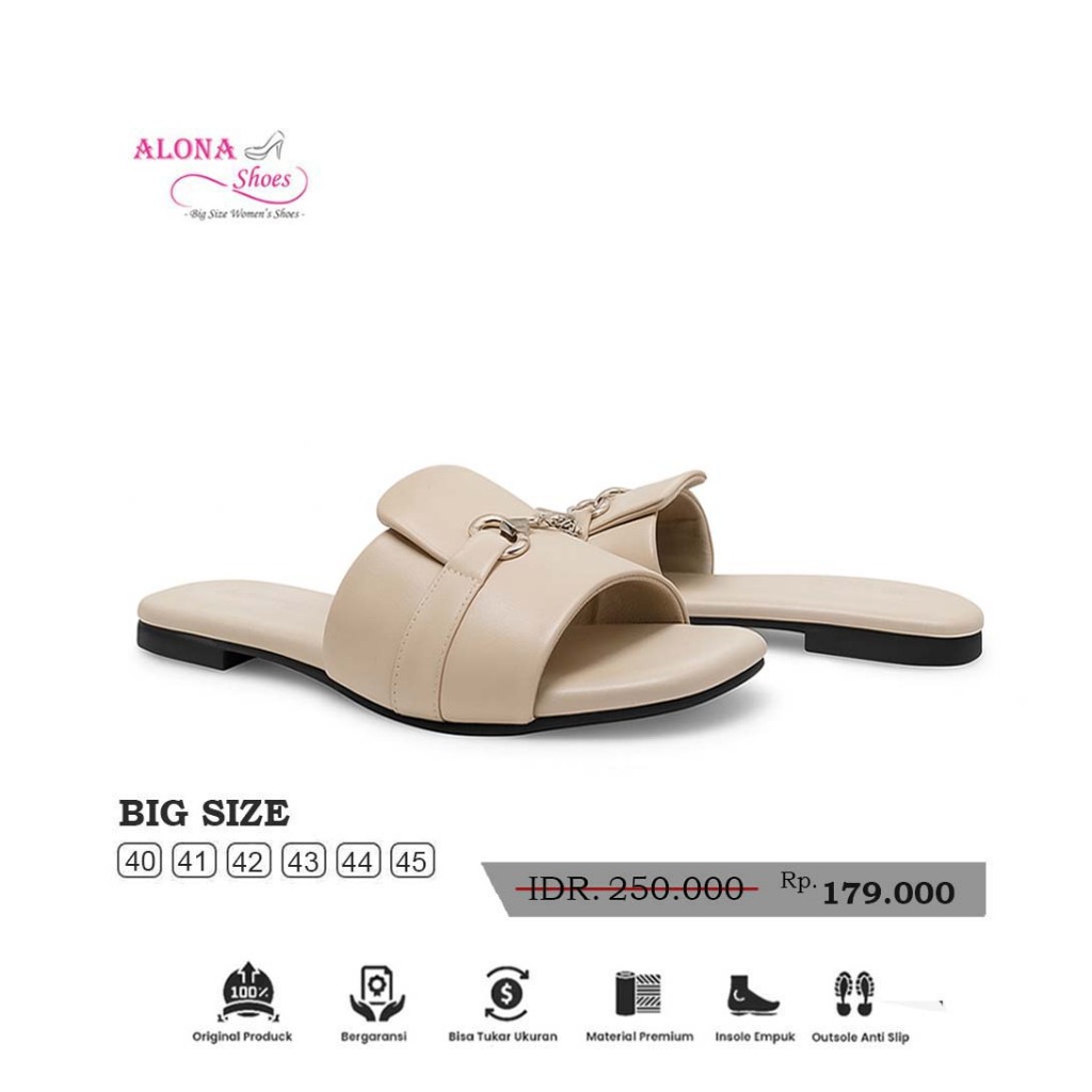 Alona Shoes - Elvira Slipper | Sandal Flat Wanita Ukuran Jumbo Big Size 41 42 43 44 45