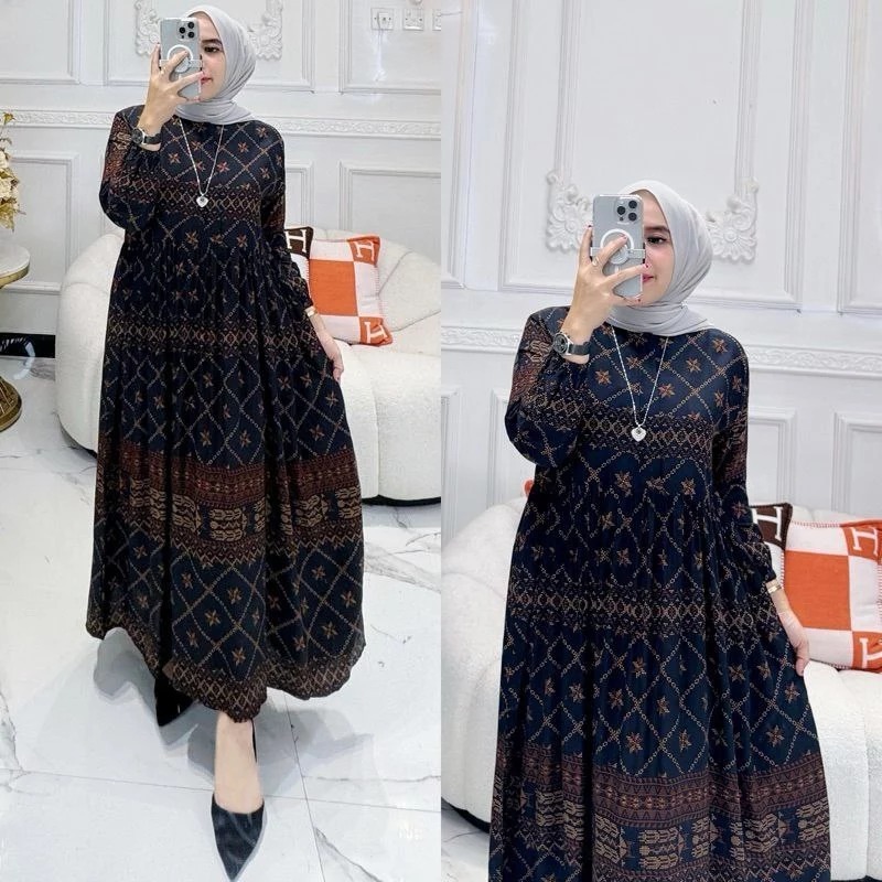 Gamis Rayon Premium Lengan Balon Motif Bunga